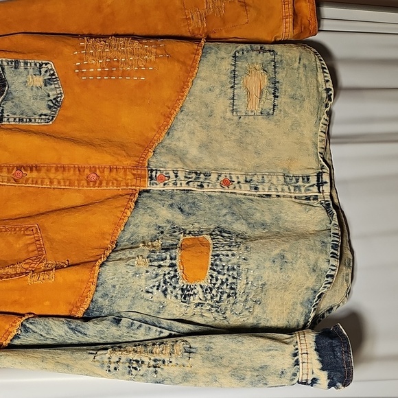Vintage 90's Y2K Imperious Mens Orange Blue Denim Acid Distressed Wash Shirt XL - Picture 3 of 7